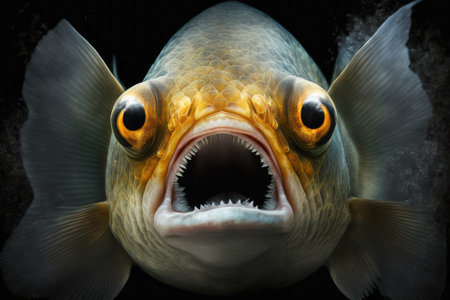 A fish in a fish tank with its mouth wide open and its eyes big. Face front if you are surprised, shocked, or amazed. Generative AIの素材