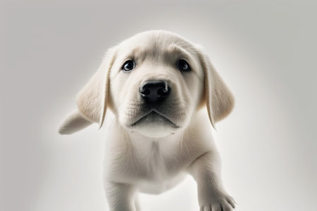 A picture of a cute Labrador puppy posing against a white studio background. Top view. The idea of movement, beauty, a vet, a breed, pets, and animal life. Advertisement space. Generative AIの素材