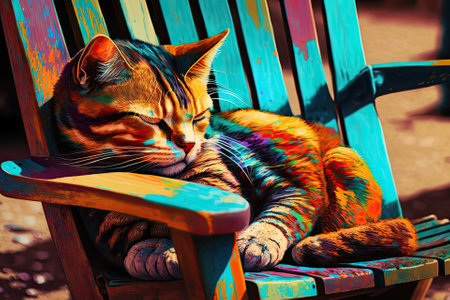 A close up photo of a street cat with many different colors sleeping on a chair on a sunny summer day. A colorful house cat is shown lying on the street in the summer. Brown cat in the yard, sitting o. Generative AIの素材