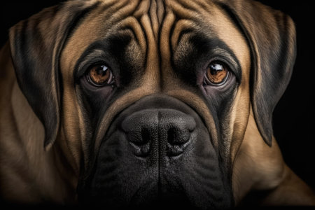 A close up picture of a bullmastiff dog. Towards the camera. top view. Generative AIの素材