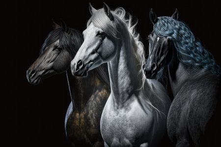 A picture of horses on a black background. Generative AIの素材
