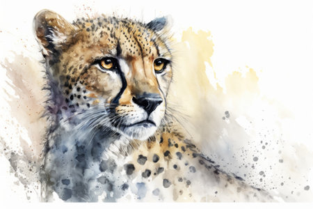 A watercolor drawing of a cheetah. Portrait on a white background as a picture. Generative AIの素材