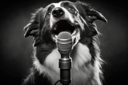 A picture of a border collie dog singing in front of a microphone. Generative AIの素材