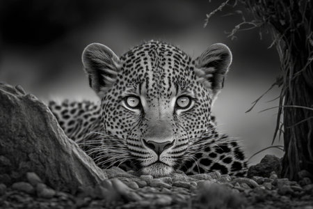 A horizontal black and white photo of a leopardess, Panthera pardus, resting on a termite mound and staring at the camera in the Timbavati Game Reserve in South Africa. Generative AIの素材
