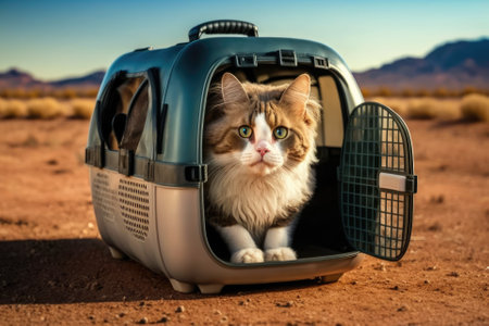 A pet carrier is where the cat is sitting. Transport of pets and other animals. Article about how animals are moved. How safe a pet is. Generative AIの素材