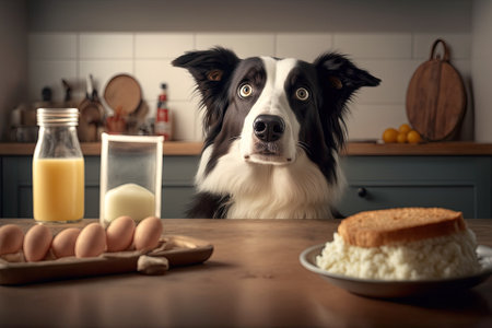 A hungry border collie dog sits at a table in a modern kitchen and looks at the food with puppy eyes and a funny face. Funny dog looking sad gazing and waiting breakfast at home indoors. Pet care anim. Generative AIの素材
