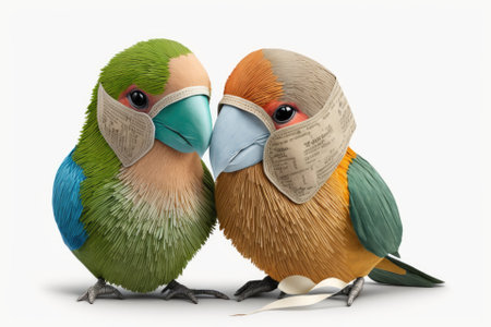 A pair of lovebirds with masks, in their natural colors, on a white background. Generative AIの素材