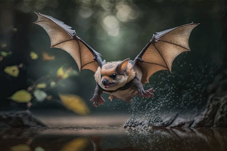 Action shot of a flying Pipistrelle bat (Pipistrellus pipistrellus) hunting an animal in a natural forest setting. People know that this species lives and roosts in cities in Europe and Asia. Generative AIの素材
