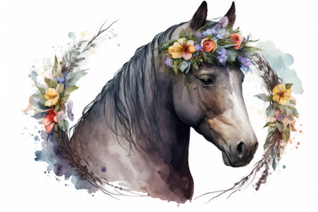 A watercolor drawing of a horse head with a flower wreath on a white background. Paints of animals. Generative AIの素材