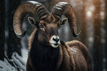 A picture of a big forest animal in the winter. Mouflon, Ovis orientalis, animal with horns that lives in the forest. Portrait of a large horned animal taken up close in the Czech Republic. Generative AIの素材