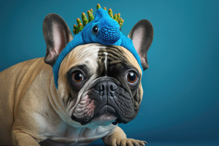 A funny frog headband on a cute French Bulldog dog in front of a blue wall. Generative AIの素材