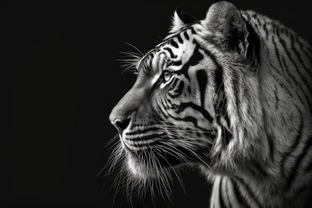 A picture of a black and white tiger on a black background. Generative AIの素材