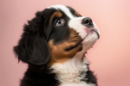 A picture of a Bernese mountain dog puppy looking up on a pink background. Generative AIの素材