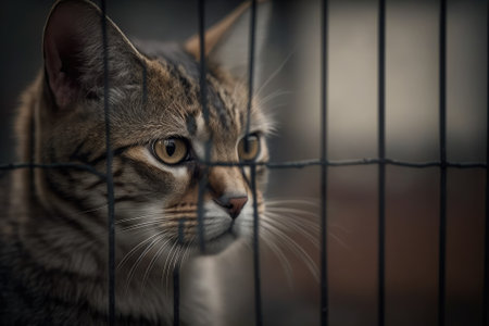 A picture of a sad, lonely stray cat at an animal shelter. Cat looking for a place to live for good. Animal rescue concept. Generative AIの素材