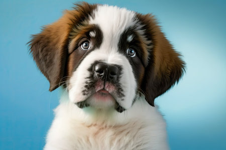 A picture of a Saint Bernard puppy dog looking at the camera, with its tongue out, on a blue background. Generative AIの素材