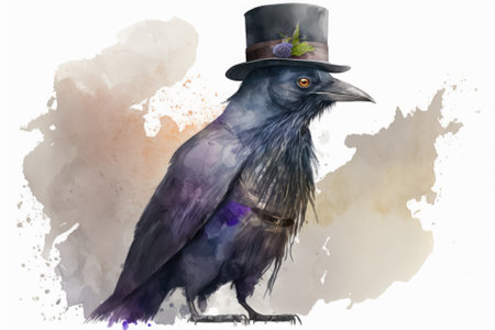 A crow in a suit is drawn in watercolor. Bird made of steam. A hat wearing raven on a white background. Generative AIの素材