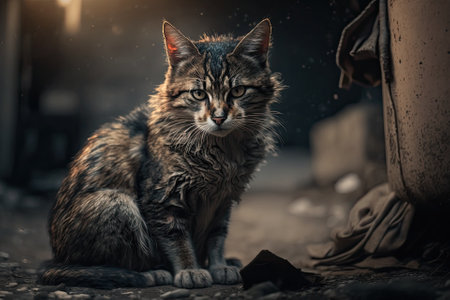 A picture of a dirty, homeless cat. Animals are homeless. Depth of field is small. A stray cat left behind. Generative AIの素材