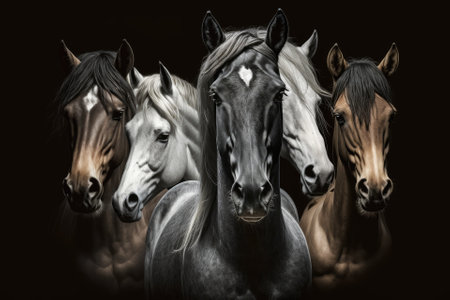 A picture of a group of horses on a black background for a banner. Generative AIの素材