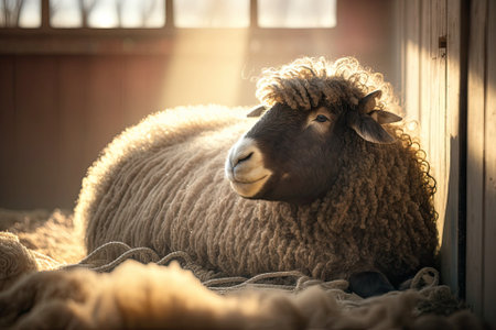 A picture of a brown sheep with long, curly hair that is lying on hay in a wooden pen on a sunny morning. Animal care, raising sheep, and farming in the village. Generative AIの素材