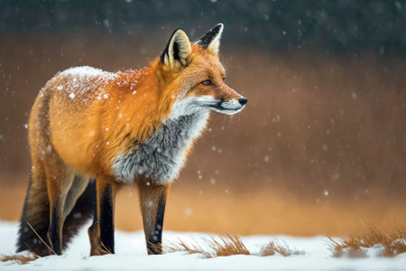 A red fox in snow. A fox with orange fur and a cold winter. Japan Animal hunt in a snowy meadow. Beautiful orange coat animal in nature. Generative AIの素材