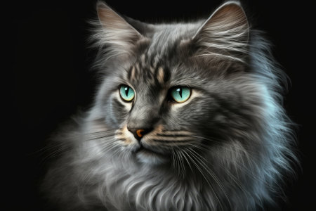 A picture of a gray cat with an interested look. Animal care. Animal emotions. Pet, friend, veterinary. Generative AIの素材