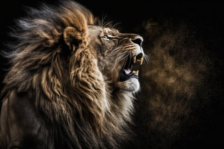 A picture of a lion roaring on black. Generative AIの素材