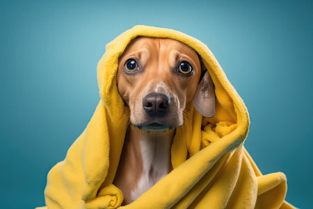 A picture of a dog wrapped in a yellow towel and ready to take a shower. The animal is on a blue background. puppy this time of year. Generative AIの素材