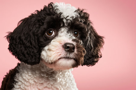 A small, fluffy dog looks up at a pink background. A cute little black and white dog with curly hair and brown eyes is shown in this picture. Female miniature harlequin poodle. Selective attention. Bl. Generative AIの素材