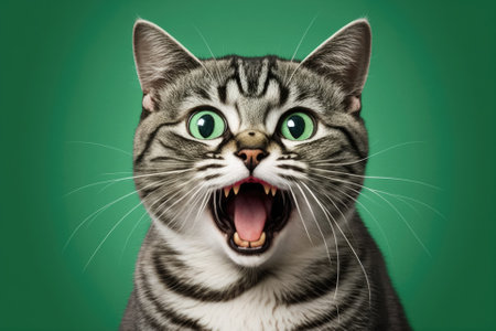 A picture of a funny cat with its mouth open and its eyes wide open on a green background with room for text. Generative AIの素材