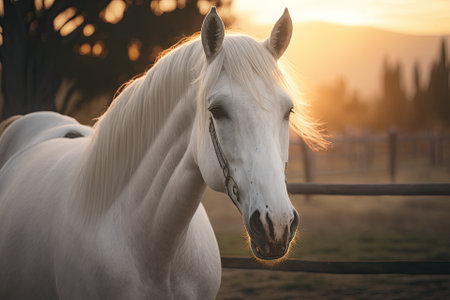 A picture of a horse in the sun at sunset. Farm animals. Close up picture of a white horse with a white mane. At sunset, a white horse is in a paddock. horse walks in a street paddock. Generative AIの素材