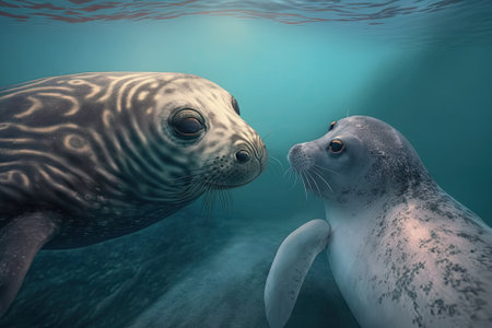 Animal with worries. In the water of the sea, a seal is holding on to a friend. A funny animal meme shows a young seal who looks worried trying to wake up his partner. Wide eyes are a sign of worry. T. Generative AIの素材