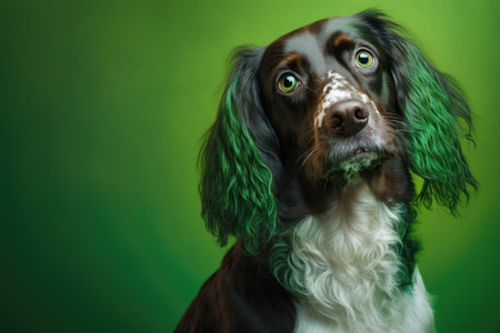 A picture of a dog with a green background. A funny dog in the studio. Generative AIの素材
