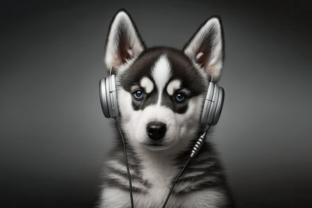 A picture of a young Husky wearing headphones against a gray background. Generative AIの素材