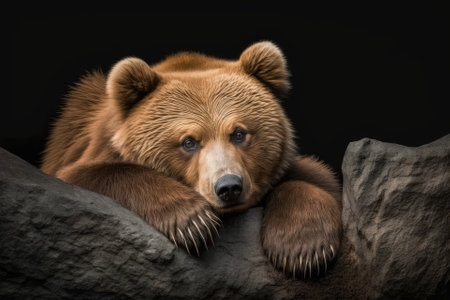 A picture of a brown Kamtchatka bear up close (Ursus arctos beringianus). Animal in the wild resting on a rock, with a black background. Generative AIの素材