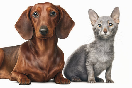 A red dachshund dog and a gray brown cat stand out against a white background. Generative AIの素材