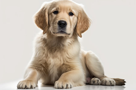 A picture of a cute Golden Retriever dog sitting on the floor, with a white background. Generative AIの素材