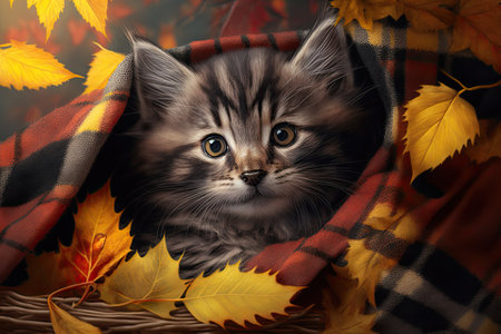 A small kitten with ears that hang down is lying in a plaid blanket on top of yellow fall leaves next to rowan berries. Generative AIの素材
