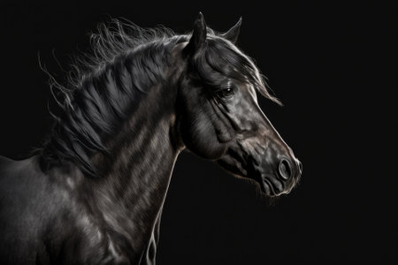 A single black horse on a black background. Generative AIの素材
