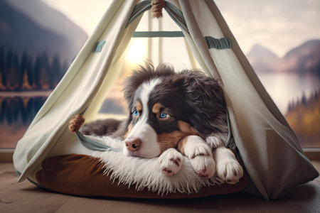 Adorable mini aussie sleeping in dog teepee with pretty springer spaniel on window seat cute miniature australian shepherd in dog bed tent. Generative AIの素材