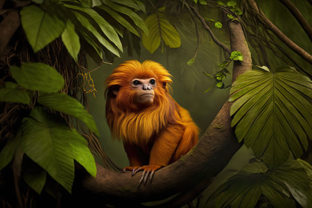 An endangered Golden lion tamarin (Leontopithecus rosalia) sitting on a tree in one of the few remaining patches of Atlantic rainforest where they still live, Silva Jardim, Rio de Janeiro state, Brazi. Generative AIの素材