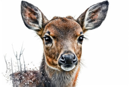 A watercolor portrait of a cute deer up close. Stands out against a white background. Hand drawn picture of Christmas. Design for a winter greeting card with animals. Generative AIの素材