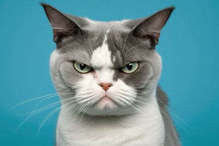 A picture of a gray and white cat looking mad or upset at the camera on a blue background. Generative AIの素材