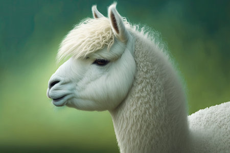 A white alpaca with long hair on its head is shown in this picture. The ears back up. The animal is looking to the side and is eating grass blades. It has a green background. Generative AIの素材