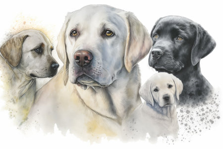 A white labrador retriever with a puppy, a dog and a puppy, and dog supplies are drawn in watercolor. Generative AIの素材