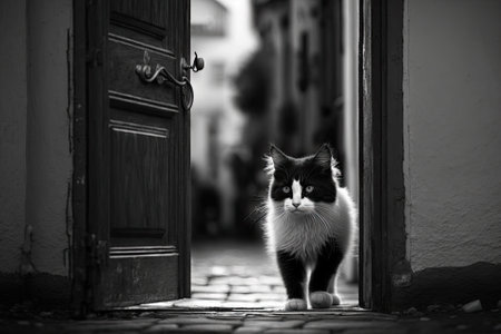 A young, fluffy, black and white stray cat walks down the street near the doors of a house. Close up photograph of an animal. Generative AIの素材