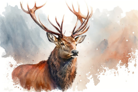 Antlers on male deer. Red deer stag. Aquarelle, a watercolor drawing with space for writing. Generative AIの素材