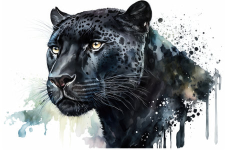 A watercolor drawing of a black leopard. Portrait on a white background as a picture. Generative AIの素材