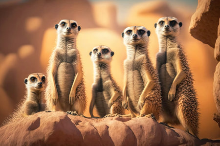 Animal wallpaper with a group of meerkats or suricates posing on a big rock. Generative AIの素材