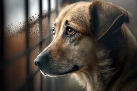 A sad picture of a stray dog that was left alone at an animal shelter. The best friend of a human is looking for a forever home. Animal rescue concept. Generative AIの素材