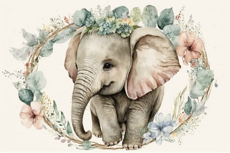 Beautiful animal portrait with a hand drawn watercolor of a cute baby elephant in a floral wreath. Stock illustration. Generative AIの素材